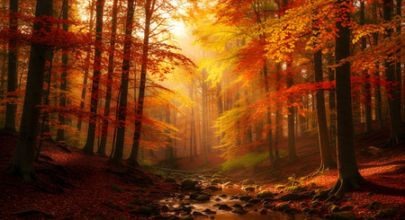 A vibrant forest scene in autumn, with trees ablaze in red and gold, illuminated by a warm, hazy sunbeam. A small stream flows through the fallen leaves.の素材