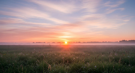 A beautiful sunrise paints the sky with warm hues, casting a soft glow over a misty field and distant trees.の素材