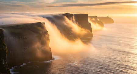 Majestic cliffs meet the ocean, illuminated by the warm glow of a setting sun, creating a breathtaking natural spectacle.の素材