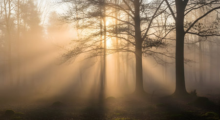 Golden sunbeams dramatically cut through a foggy forest, illuminating the trees and creating a serene, ethereal atmosphere.の素材