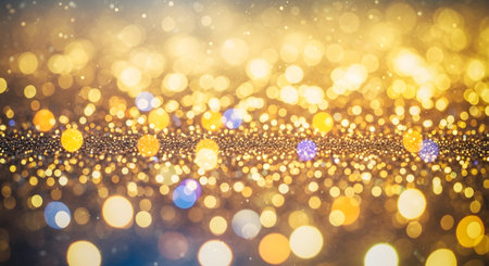 A vibrant, out-of-focus background filled with shimmering golden bokeh lights and subtle colorful accents.の素材