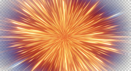 A vibrant explosion of orange and yellow light streaks radiating outwards from a central point against a transparent background.の素材