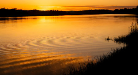 A vibrant orange and yellow sunset casts a warm glow on a calm river, with the dark silhouette of trees lining the far bank.の素材
