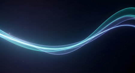 A luminous, flowing wave of blue and teal light curves across a dark, deep background, creating a sense of energy and motion.の素材