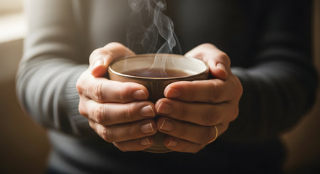 Close-up of hands cupping a warm beverage, steam rising, suggesting comfort and a cozy moment.の素材