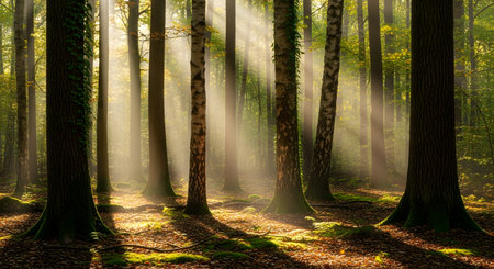 Sunlight streams through tall trees in a dense forest, illuminating mist and casting dappled shadows on the forest floor.の素材
