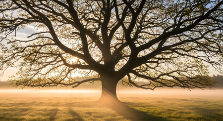 A large, bare tree stands silhouetted against a warm, hazy sunrise, casting long shadows across a misty field.の素材