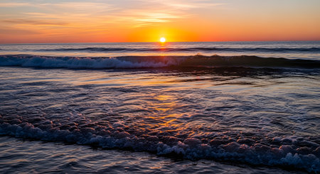 A vibrant sunset casts a warm golden glow across the ocean, with gentle waves rolling towards the shore.の素材