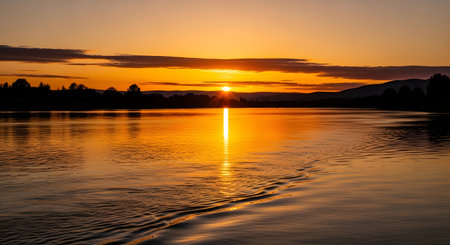 A vibrant sunset paints the sky in hues of orange and yellow, casting a golden reflection on the tranquil water below.の素材