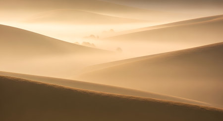 Abstract view of rolling sand dunes bathed in warm, diffused sunlight, creating soft shadows and highlights.の素材