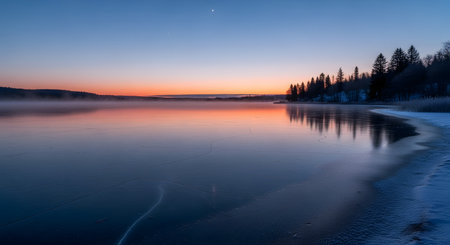 A tranquil winter sunrise paints the sky with warm colors over a partially frozen lake, reflecting the silhouette of a dense pine forest.の素材