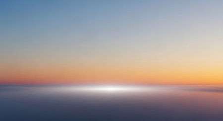 A soft, pixelated gradient depicts a serene sunset over a body of water, with a bright glow on the horizon.の素材