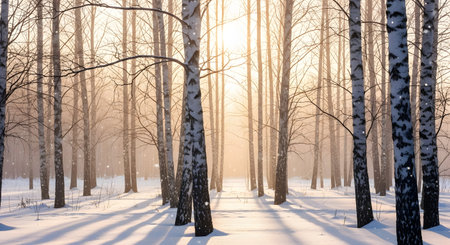 A serene winter scene with tall birch trees, bathed in warm sunlight, casting long shadows across the snow-covered ground.の素材