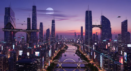 A sprawling futuristic metropolis with towering skyscrapers, illuminated by vibrant lights, under a twilight sky with a prominent moon and flying vehicles.の素材