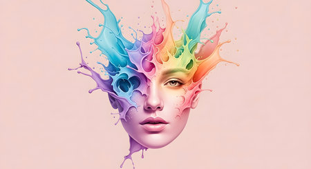 A surreal portrait where colorful liquid splashes erupt from a woman's head, creating a vibrant and abstract visual.の素材