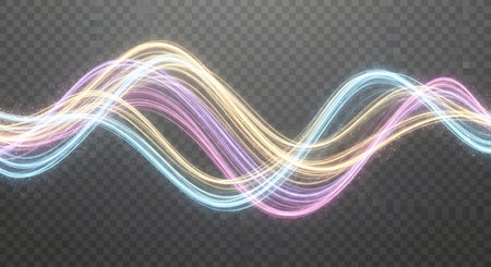 A dynamic, flowing wave of pastel-colored light streaks across a dark, transparent checkered background, creating an ethereal and energetic effect.の素材