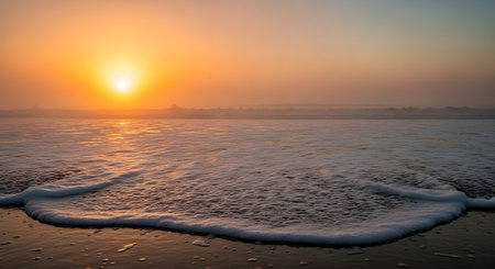 A vibrant orange sunset casts a warm glow over the ocean, with a foamy wave gently washing onto the sandy beach.の素材
