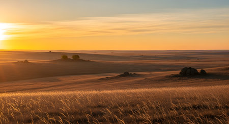 A warm sunrise casts a golden glow over undulating fields dotted with hay bales, creating a serene rural landscape.の素材