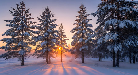Tall evergreen trees covered in snow stand silhouetted against a vibrant sunrise, casting long shadows on the snowy ground.の素材