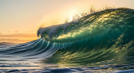 A large, translucent ocean wave crests and breaks, catching the warm glow of the setting sun.の素材