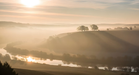 A serene sunrise casts a warm golden glow over a misty river valley, highlighting silhouetted trees on a rolling hill.の素材