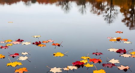 Colorful fall leaves drift on a still lake, reflecting bare trees and the muted colors of the season.の素材