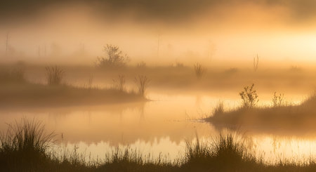 Golden sunrise light breaks through thick fog, illuminating a tranquil lake with dark, silhouetted trees and reeds in the foreground.の素材