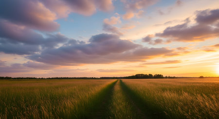 A dramatic sunset casts golden light across a vast field, with a clear path stretching towards distant trees under a cloudy sky.の素材