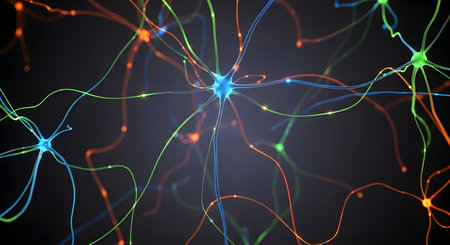 A dark background illuminates a complex, interconnected network of brightly colored, glowing lines representing neural pathways and synapses.の素材