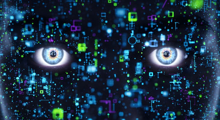 Intense, glowing blue eyes stare out from a background filled with a chaotic, vibrant digital matrix of binary code and abstract data.の素材