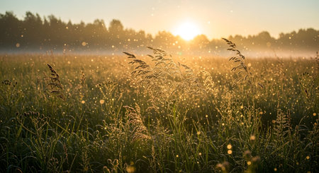 A serene meadow bathed in the warm glow of a sunrise, with mist rising and tall grasses in the foreground.の素材