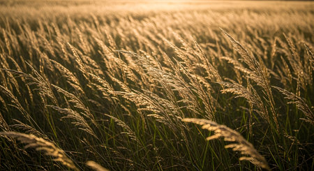 Close-up view of a dense wheat field swaying gently in the breeze, illuminated by the soft glow of a setting sun.の素材