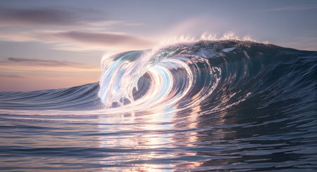 A powerful ocean wave crests and curls, catching the warm glow of a sunset, creating a luminous, ethereal effect.の素材