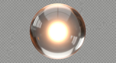 A highly reflective, transparent oval orb with a bright, warm light emanating from its core against a transparent background.の素材