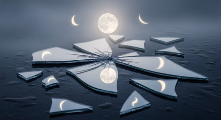 A broken mirror lies on a dark, wet surface, reflecting crescent and full moons with a bright, ethereal glow.の素材
