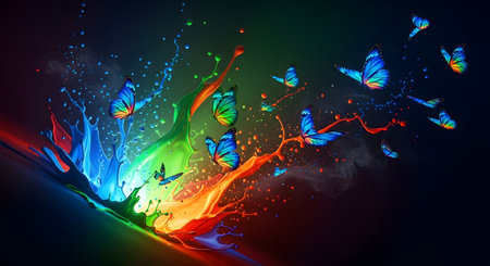A dynamic explosion of colorful light with numerous iridescent butterflies taking flight against a dark background.の素材
