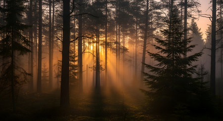 Golden sunbeams dramatically stream through a dense, misty forest, illuminating the morning air with warm light.の素材