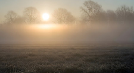 A soft, hazy sunrise illuminates a misty field, with the silhouettes of trees visible in the background.の素材