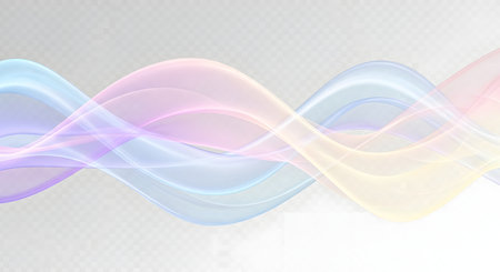 Abstract flowing waves of pastel colors, including blues, purples, pinks, and yellows, create a gentle, ethereal, and luminous effect.の素材