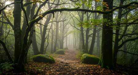 A serene and atmospheric forest path shrouded in mist, with moss-covered trees and a carpet of fallen leaves.の素材