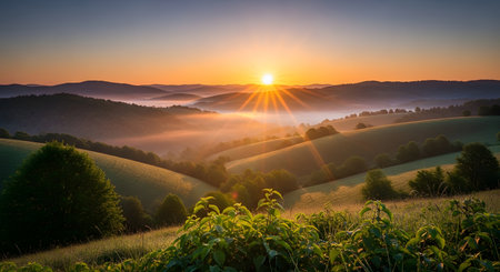 A breathtaking sunrise paints the sky with golden hues, casting light through morning mist over undulating green hills and valleys.の素材