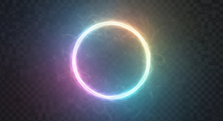 A brightly colored neon oval ring with a gradient of pink, blue, and yellow hues glows against a dark, transparent grid.の素材