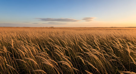A vast field of golden wheat sways gently in the breeze under a warm, colorful sunset sky with scattered clouds.の素材