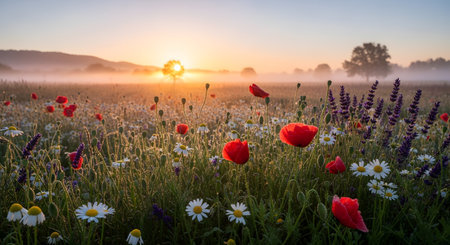 A field of red poppies and wildflowers bathed in the warm glow of sunrise, with soft mist rolling over the distant hills.の素材