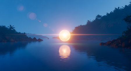 A glowing sunrise casts a warm, ethereal light across a tranquil river, reflecting its brilliance amidst the silhouettes of misty mountains.の素材