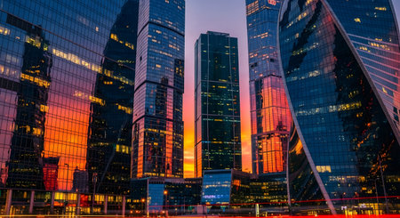 Tall, modern skyscrapers reflect vibrant sunset colors, creating a dazzling urban landscape at dusk.の素材