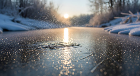 A serene winter landscape with a frozen stream reflecting the warm glow of the setting sun through snow-covered trees.の素材