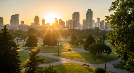Sunbeams pierce through trees, illuminating a park with winding paths and a distant city skyline at sunset.の素材