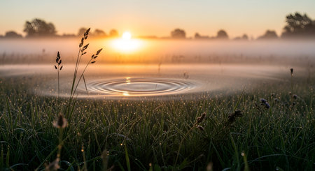 A serene sunrise casts a warm glow over a misty field, with concentric ripples emanating from a central point in the water.の素材