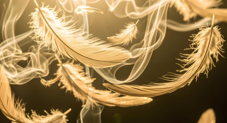 Delicate, light brown feathers drift gracefully through translucent, swirling smoke illuminated by a soft, warm golden glow.の素材